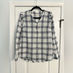 J. Crew Women's Checkered Ruffle Shirt - Navy and White